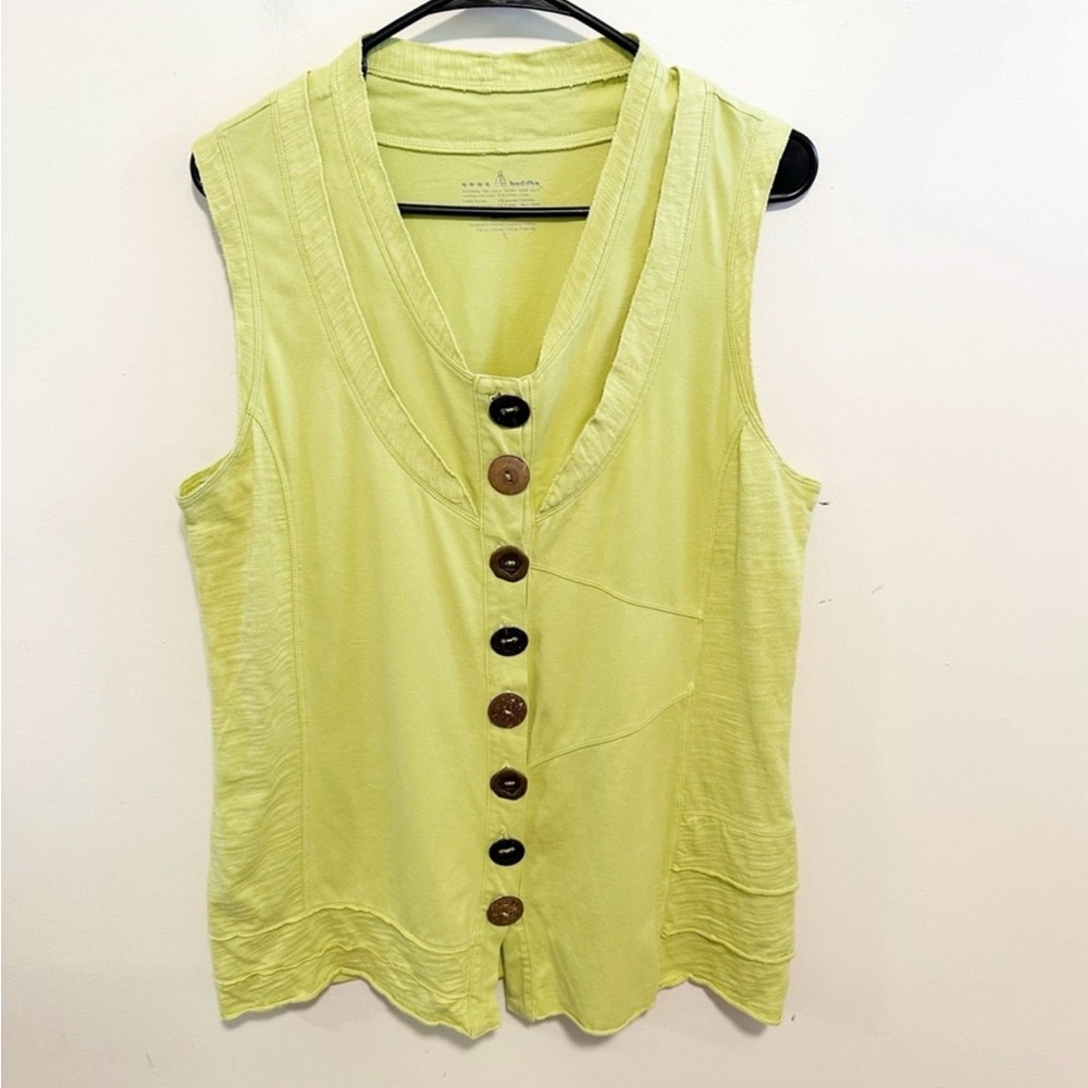 Neon Buddha Wood Button Lagenlook Artist Art Deco Top Shirt